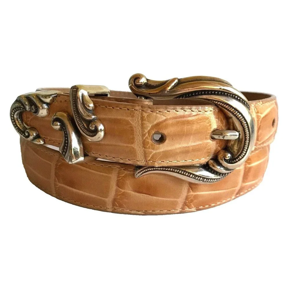 Vtg Coldwater Creek Croc Leather Western Belt Beige Tan Womens Size M L 32-36